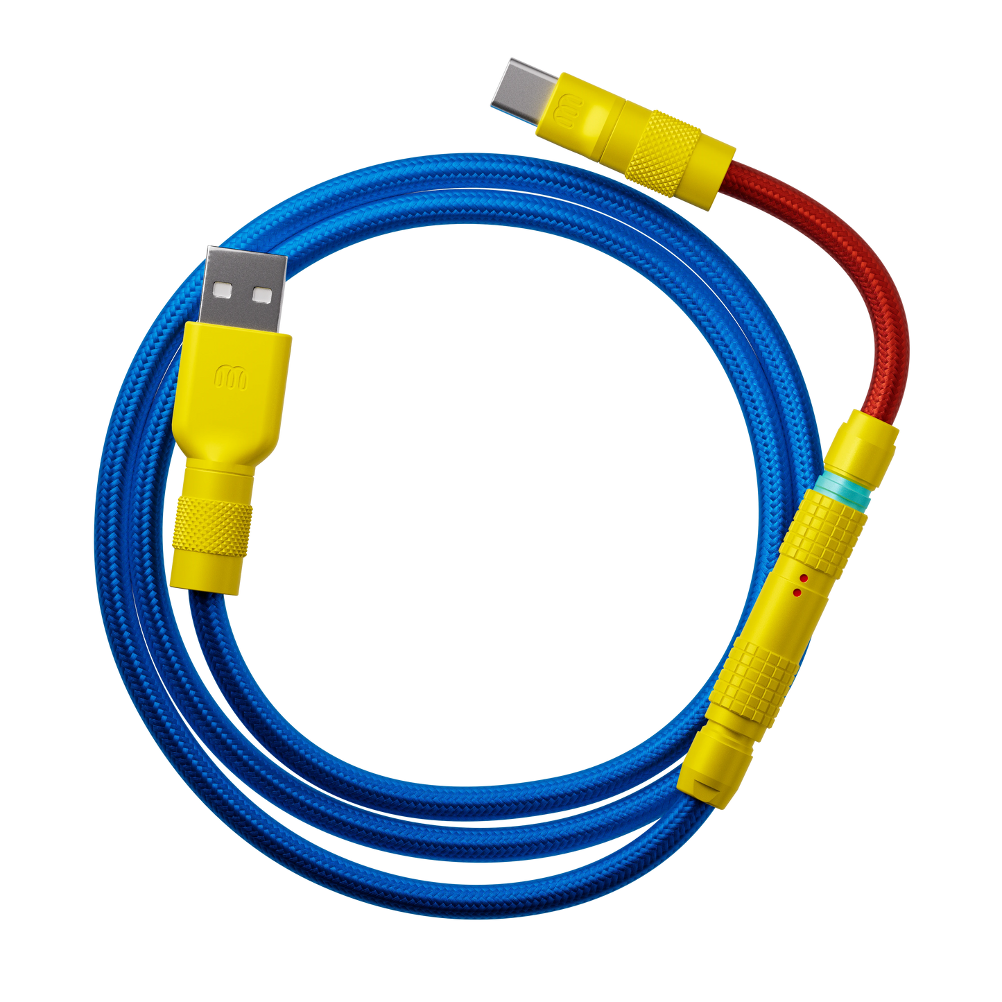 GMK Panels Cable — blue MDPC-X sleeving with Cerakote-yellow connectors and Italian Red accent