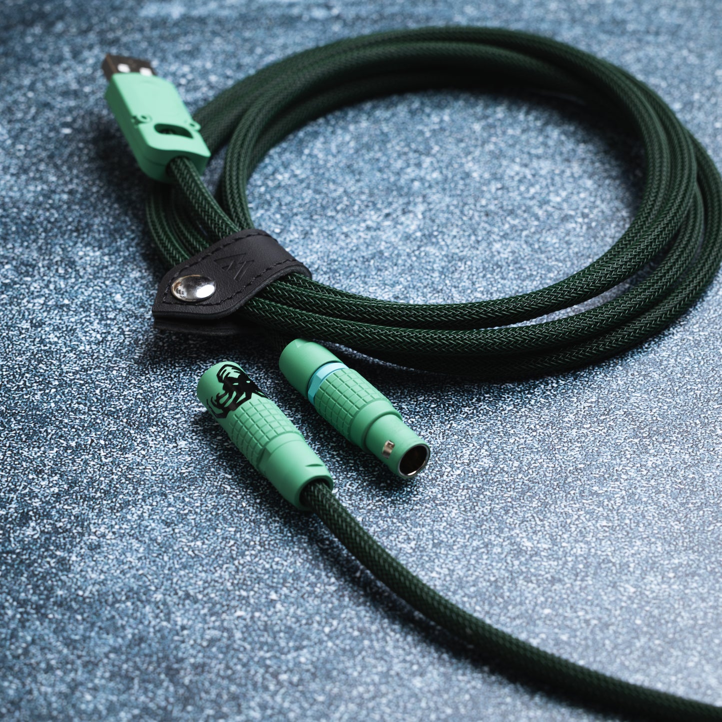 GMK Terror Below cable with Cerakote green connector and matching CNC shells, dark green sleeving with MDPC blackest black and forest green TechFlex