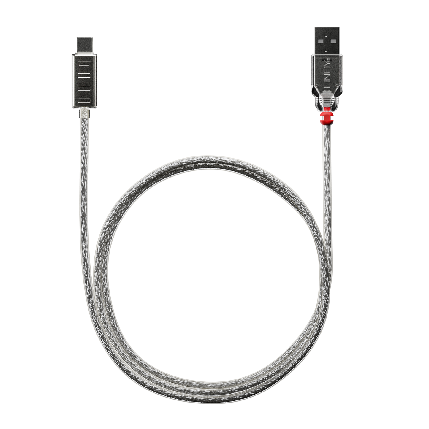 Lindy cable retrofitted to USB-C, silver connector, transparent braided — Wired In